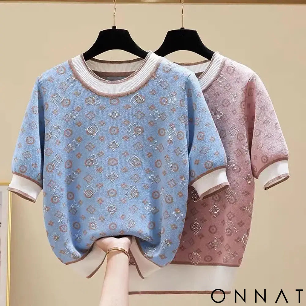 New 2024 Summer Women Short Sleeve Fashion Knit Glitter Stones Tshirt Femme Vintage Luxury Designer Slim Leisure