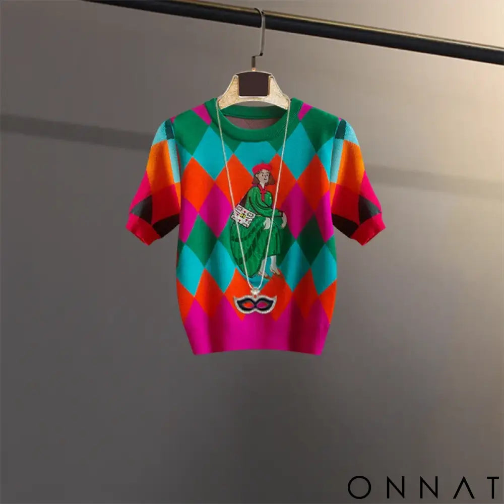 2024 Summer Argyle Sequines Knitted T Shirt Women Fashion Casual Cartoon O-Neck Short Sleeve Sweater Pullover Ladies