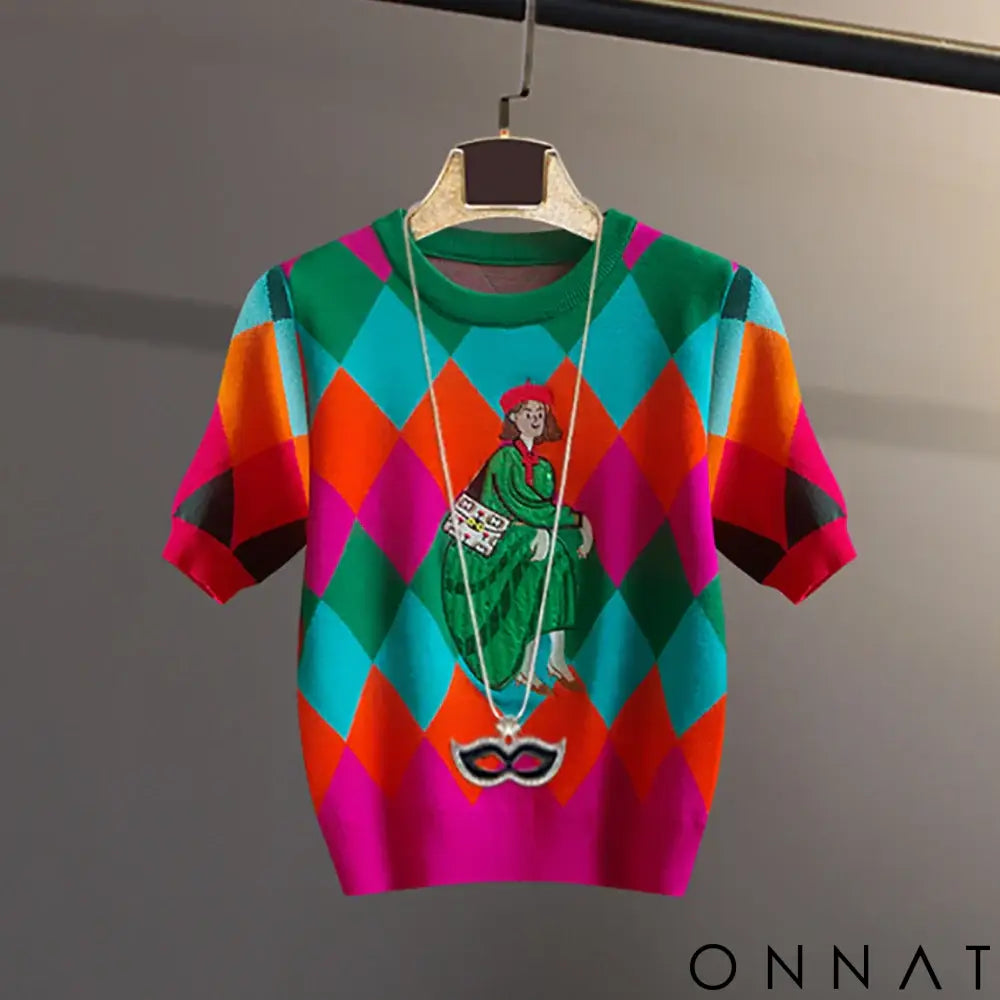 2024 Summer Argyle Sequines Knitted T Shirt Women Fashion Casual Cartoon O-Neck Short Sleeve Sweater Pullover Ladies