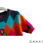 2024 Summer Argyle Sequines Knitted T Shirt Women Fashion Casual Cartoon O-Neck Short Sleeve Sweater Pullover Ladies