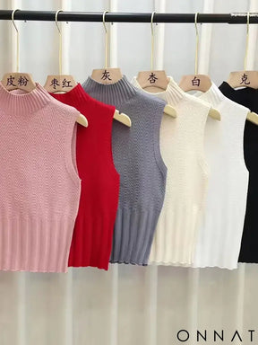 HELIAR Women Summer Casual Knitted Tank Tops Solid Sleeveless Half High Collar Slim Base Shirt Sexy Top Knitwear Y2k
