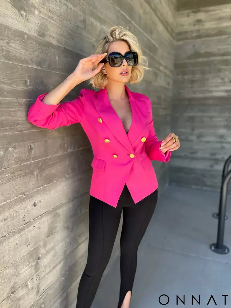 Hot Pink Gold Button Blazer