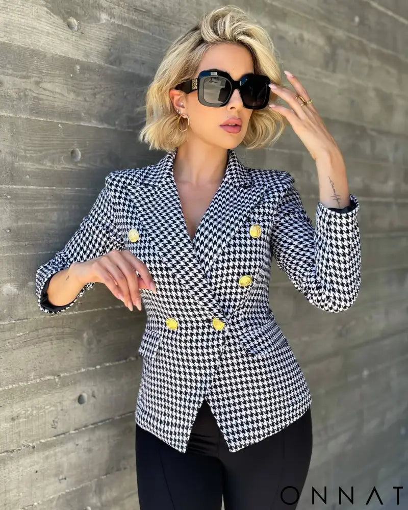 Houndstooth Gold Button Blazer