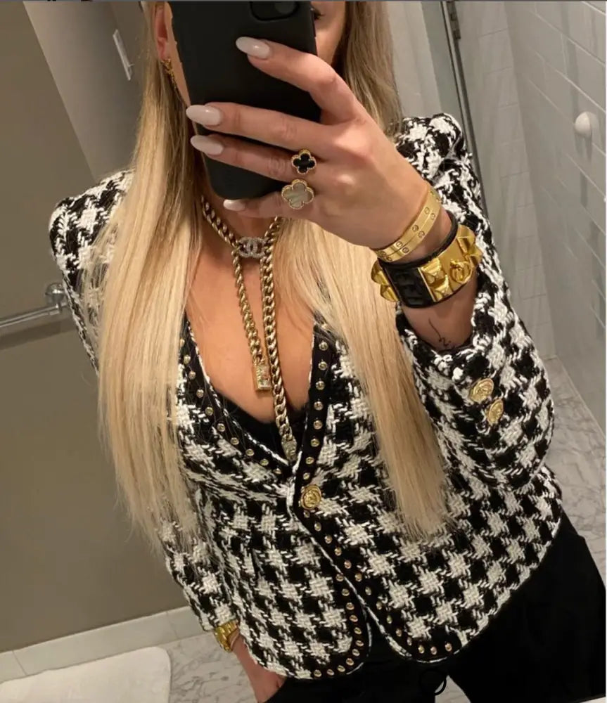 Houndstooth Tweed Studded Gold Button Blazer