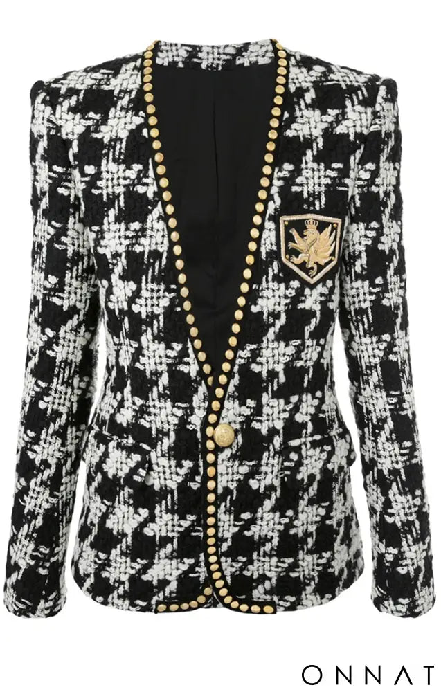 Houndstooth Tweed Studded Gold Button Blazer