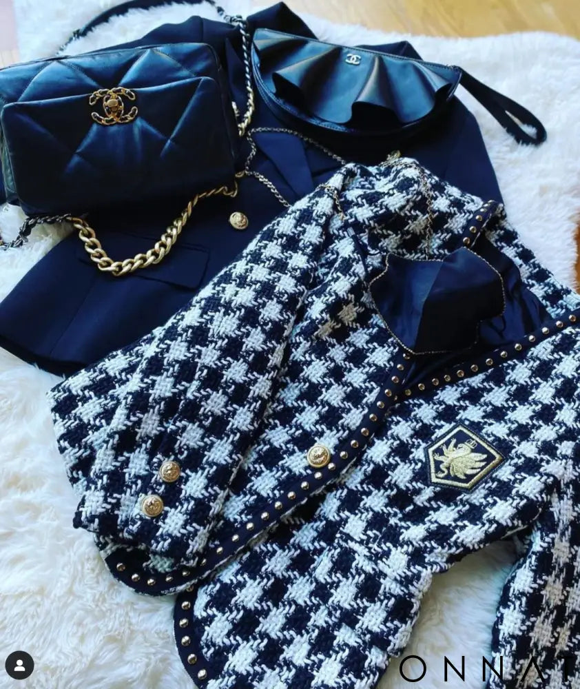 Houndstooth Tweed Studded Gold Button Blazer