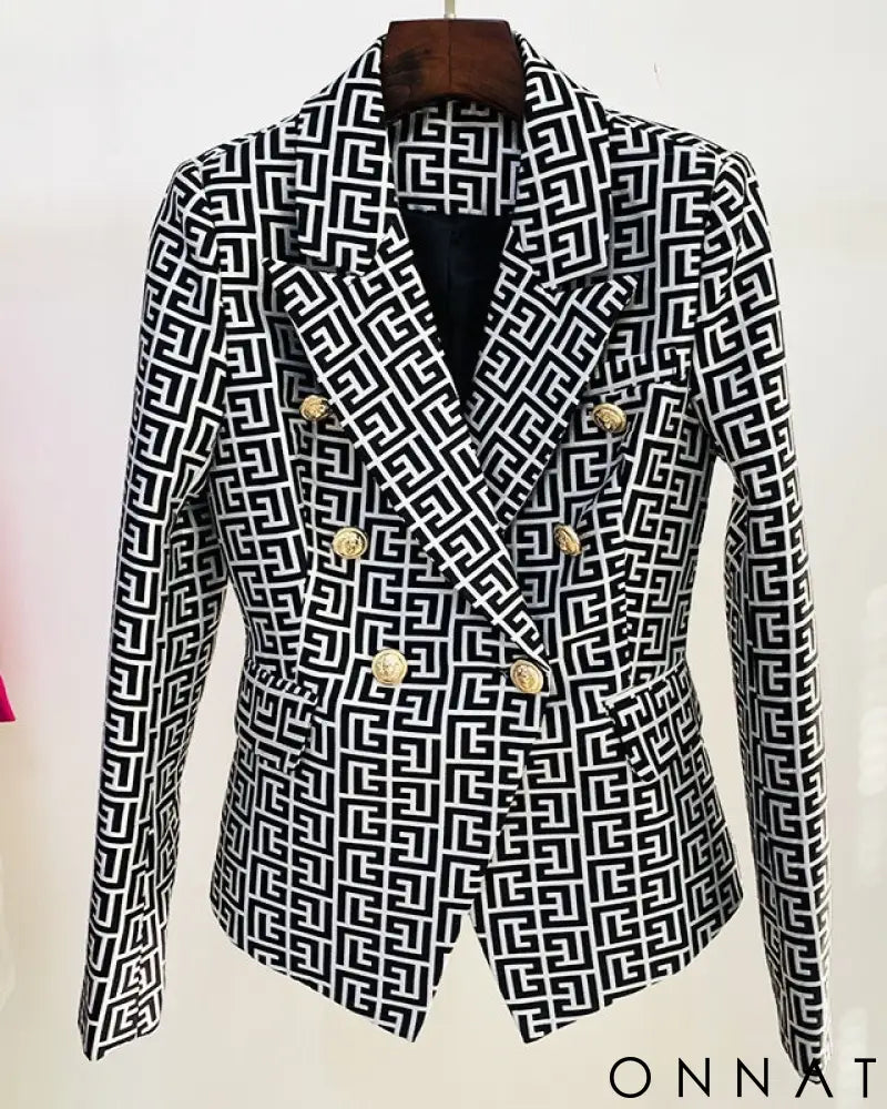 Jacquard Double Breasted Gold Button Blazer Black & White / S