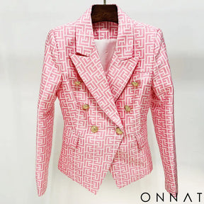 Jacquard Double Breasted Gold Button Blazer Pink & White / S