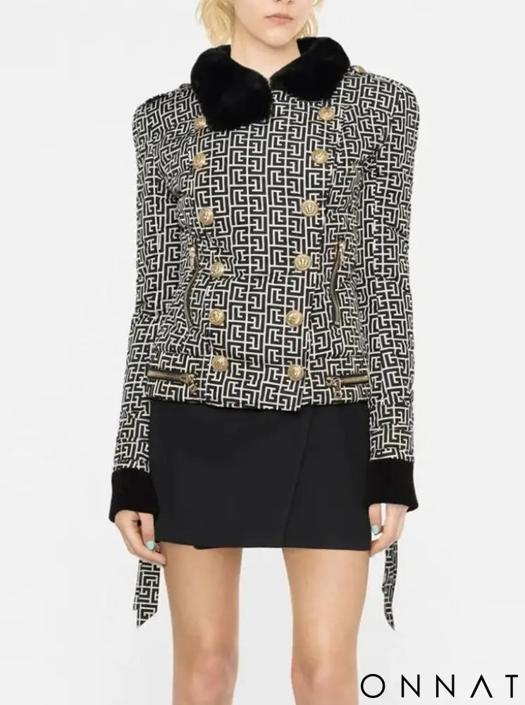 Jacquard Gold Button Puffer Jacket With Fur Collar