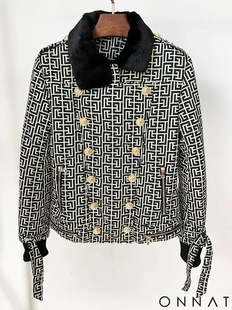 Jacquard Gold Button Puffer Jacket With Fur Collar