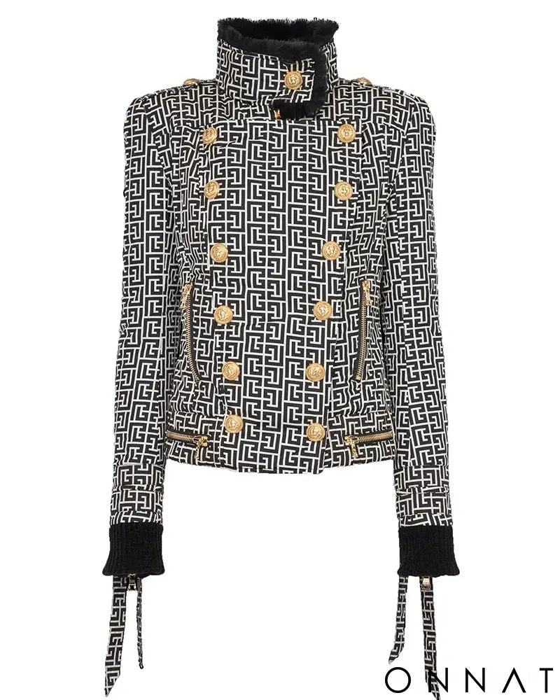 Jacquard Gold Button Puffer Jacket With Fur Collar