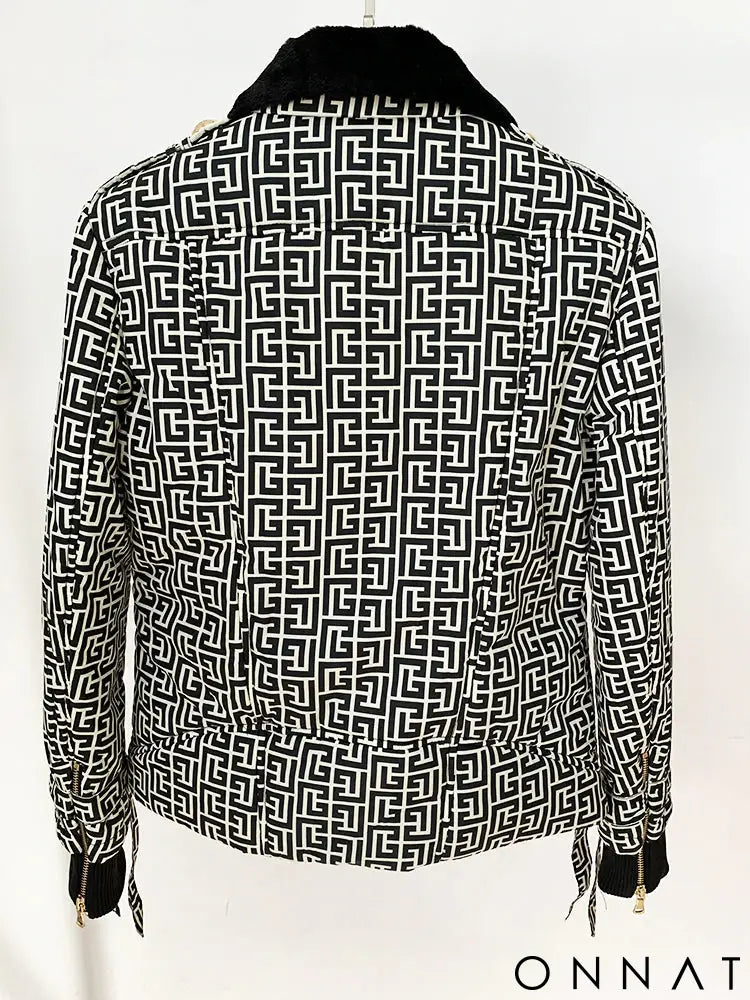 Jacquard Gold Button Puffer Jacket With Fur Collar