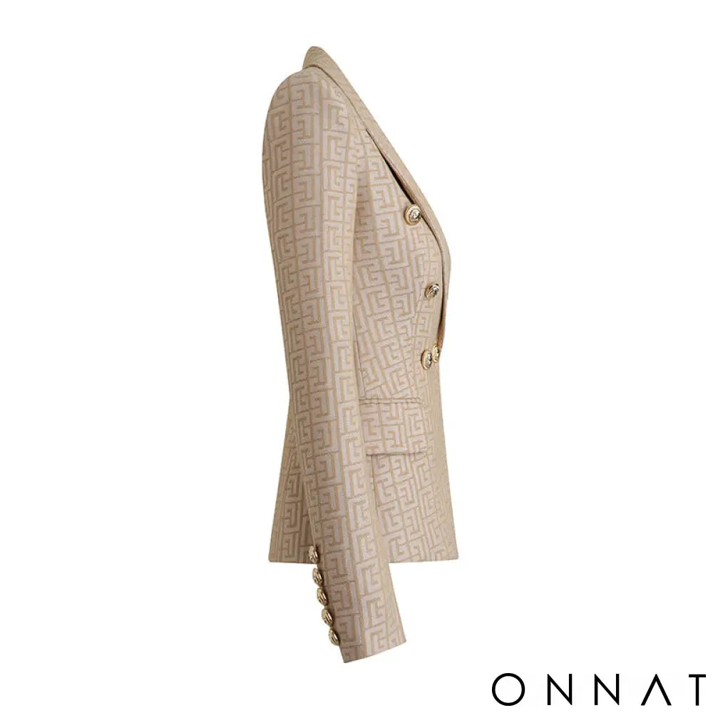 Khaki Embroidered Jacquard Gold Button Blazer