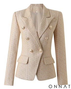 Khaki Embroidered Jacquard Gold Button Blazer