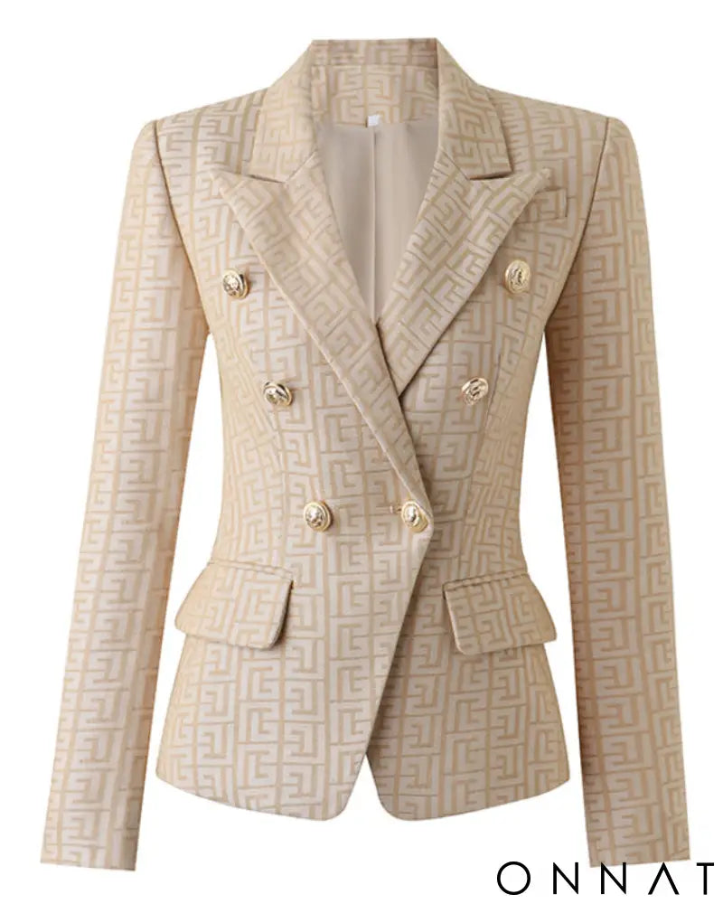 Khaki Embroidered Jacquard Gold Button Blazer