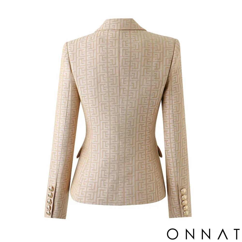 Khaki Embroidered Jacquard Gold Button Blazer