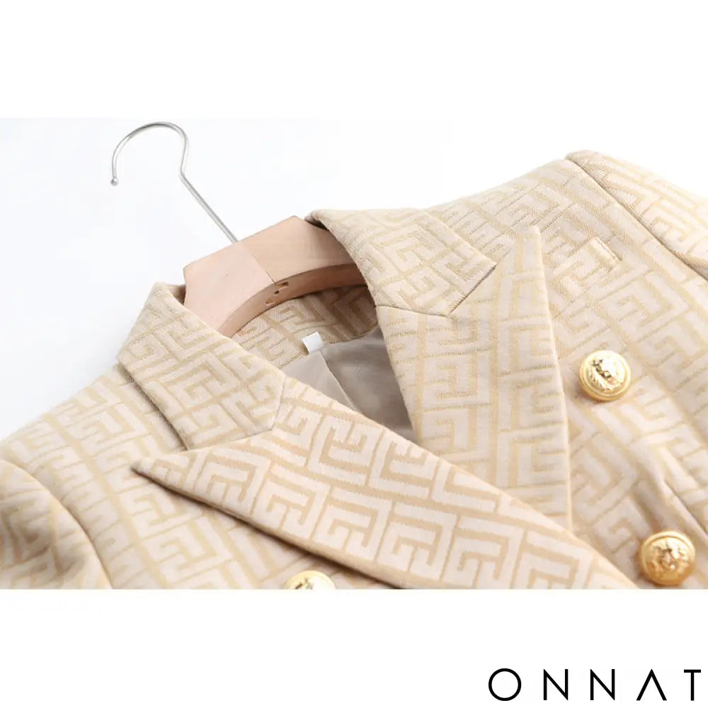 Khaki Embroidered Jacquard Gold Button Blazer