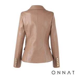 Khaki Leather Double Breasted Gold Button Blazer