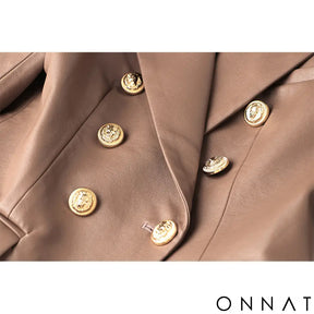 Khaki Leather Double Breasted Gold Button Blazer