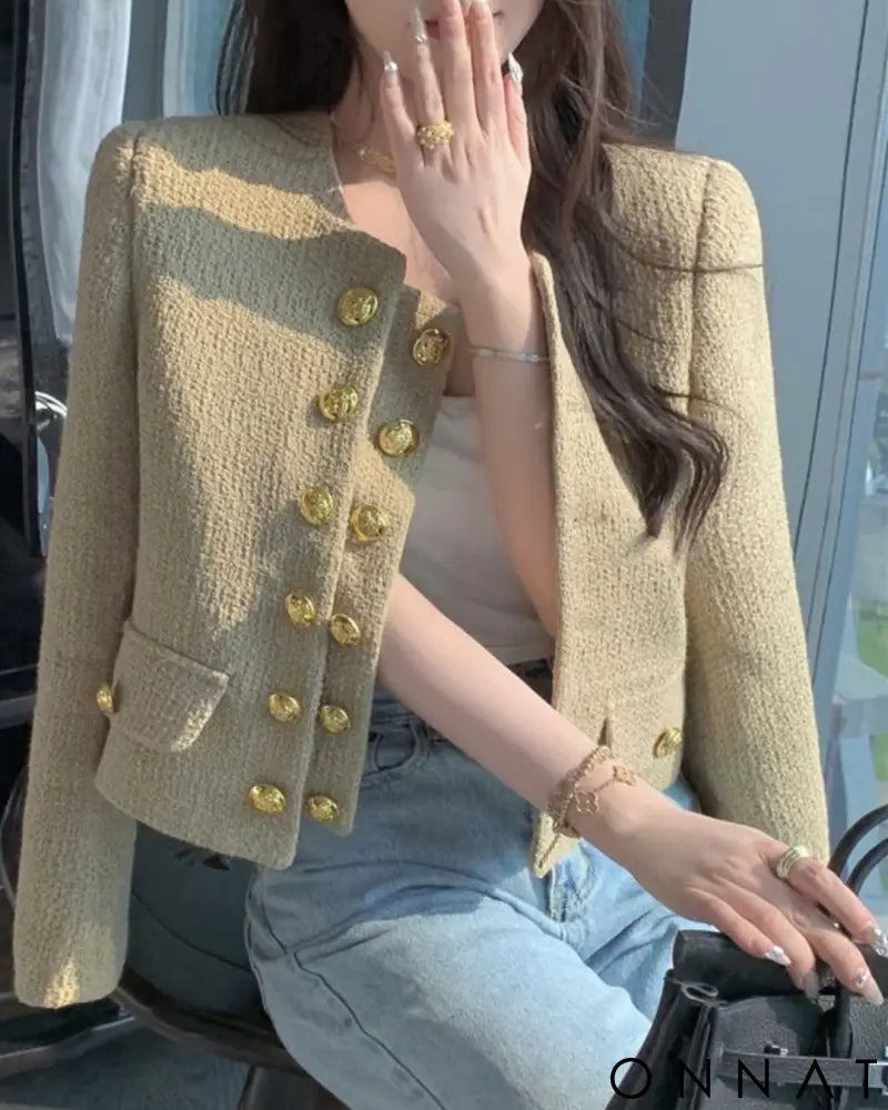 Khaki Tweed Gold Button Couture Jacket
