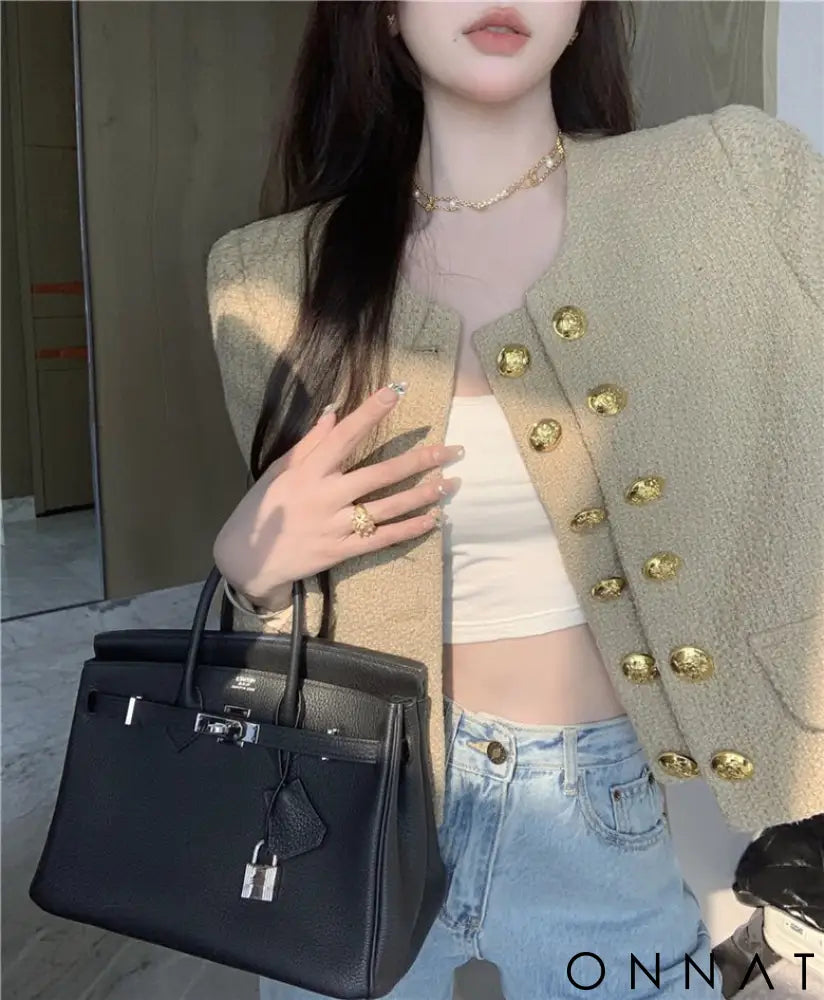 Khaki Tweed Gold Button Couture Jacket