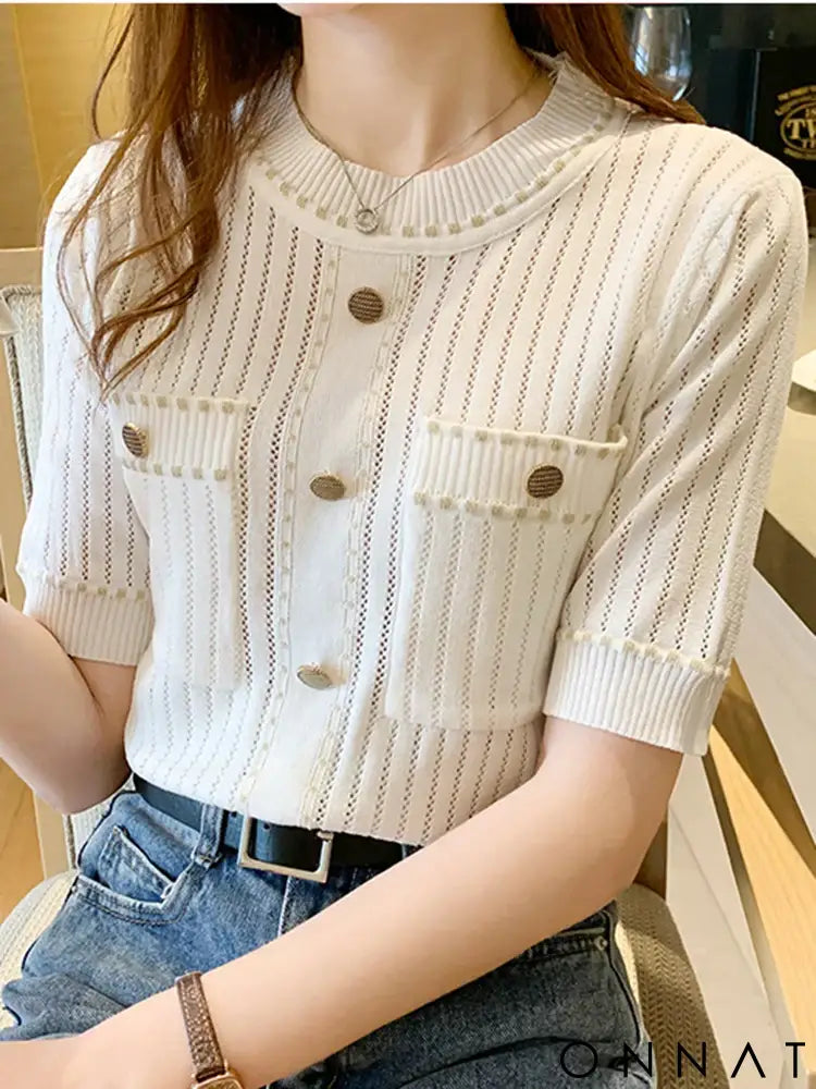 White Tshirt Women Summer 2024 Short Sleeve Top Ladies Pockets Basic T Shirts Knitted Casual Clothes Tee Shirt Femme