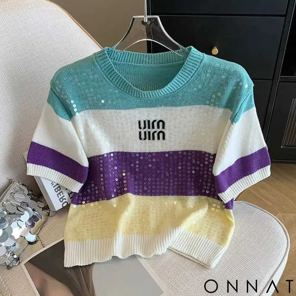 Luxe Stripes – Striped Blouse with Sequins Blue - 2 / S Tops