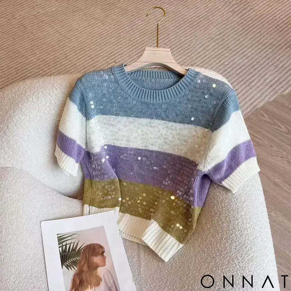 Round Neck Heavy Industry Sequin Short Sleeve Striped T-Shirt Women’s Summer 2024 New Knitwear Slim Fit Versatile Top