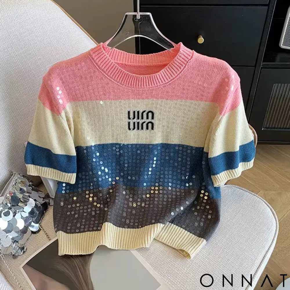 Luxe Stripes – Striped Blouse with Sequins Pink - 2 / S Tops