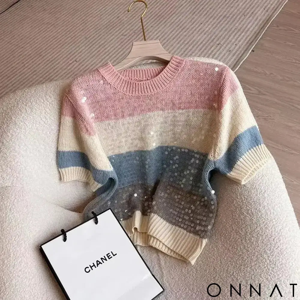Round Neck Heavy Industry Sequin Short Sleeve Striped T-Shirt Women’s Summer 2024 New Knitwear Slim Fit Versatile Top