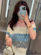 Round Neck Heavy Industry Sequin Short Sleeve Striped T-Shirt Women’s Summer 2024 New Knitwear Slim Fit Versatile Top