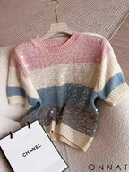 Round Neck Heavy Industry Sequin Short Sleeve Striped T-Shirt Women’s Summer 2024 New Knitwear Slim Fit Versatile Top