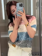 Round Neck Heavy Industry Sequin Short Sleeve Striped T-Shirt Women’s Summer 2024 New Knitwear Slim Fit Versatile Top