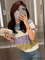 Round Neck Heavy Industry Sequin Short Sleeve Striped T-Shirt Women’s Summer 2024 New Knitwear Slim Fit Versatile Top
