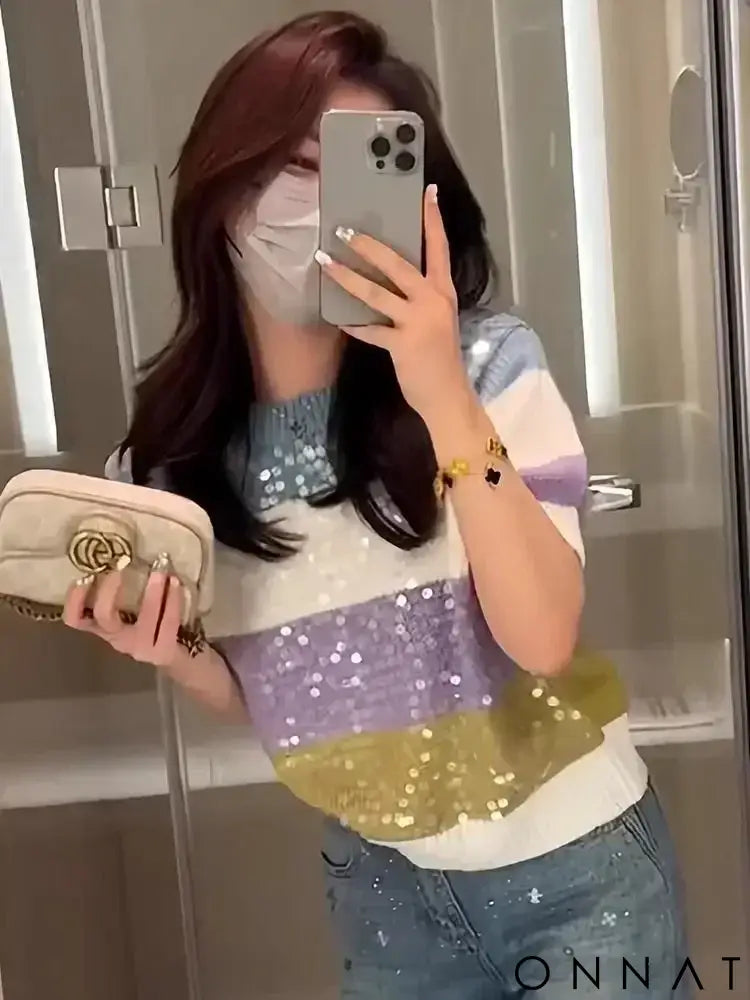 Round Neck Heavy Industry Sequin Short Sleeve Striped T-Shirt Women’s Summer 2024 New Knitwear Slim Fit Versatile Top