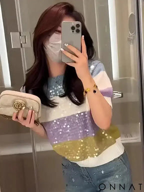 Round Neck Heavy Industry Sequin Short Sleeve Striped T-Shirt Women’s Summer 2024 New Knitwear Slim Fit Versatile Top