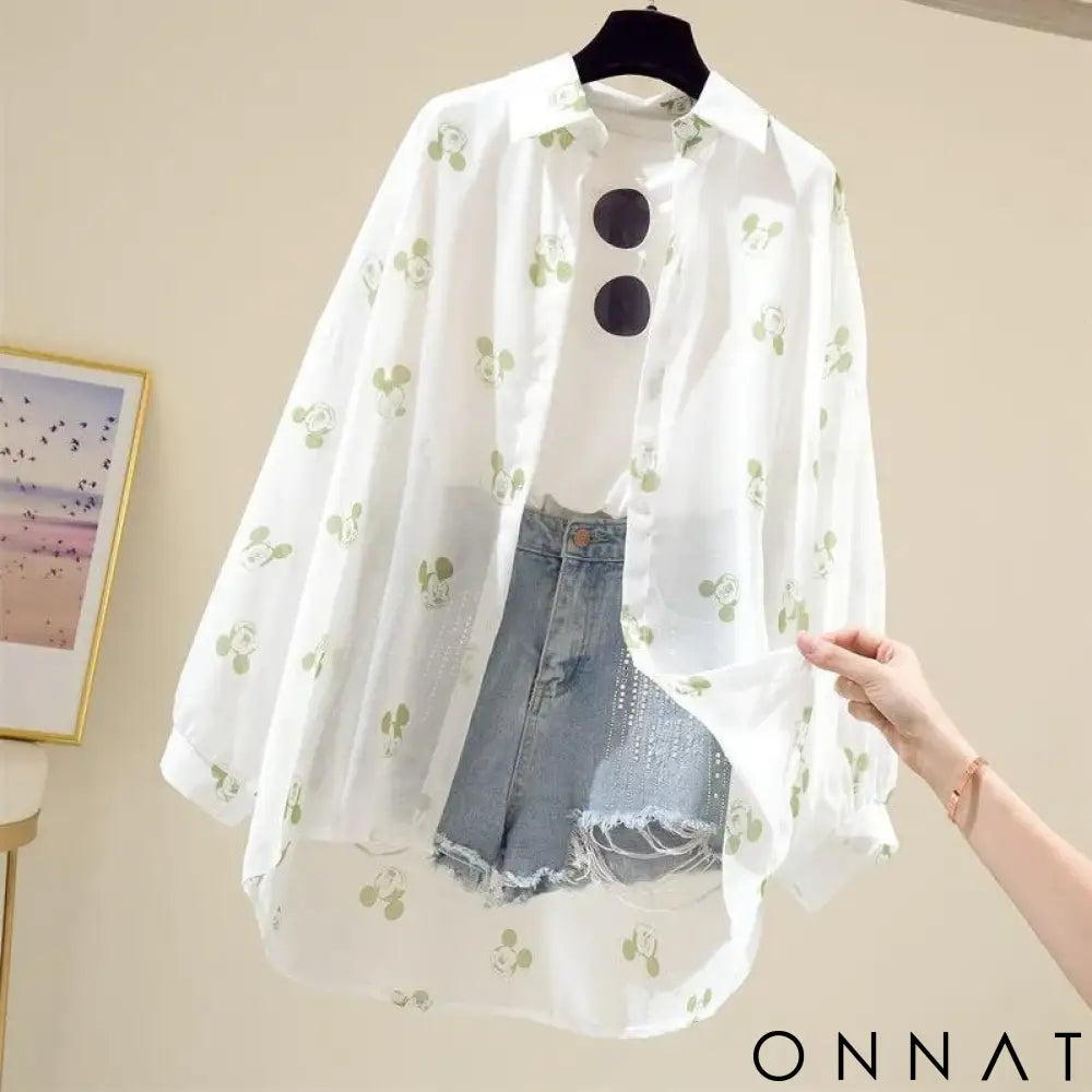 Mickey Mouse Blouse Ladies Long Sleeve Women Shirt Beach Shirts Kawaii Cartoon Summer Disney Clothes Cover-Up Top