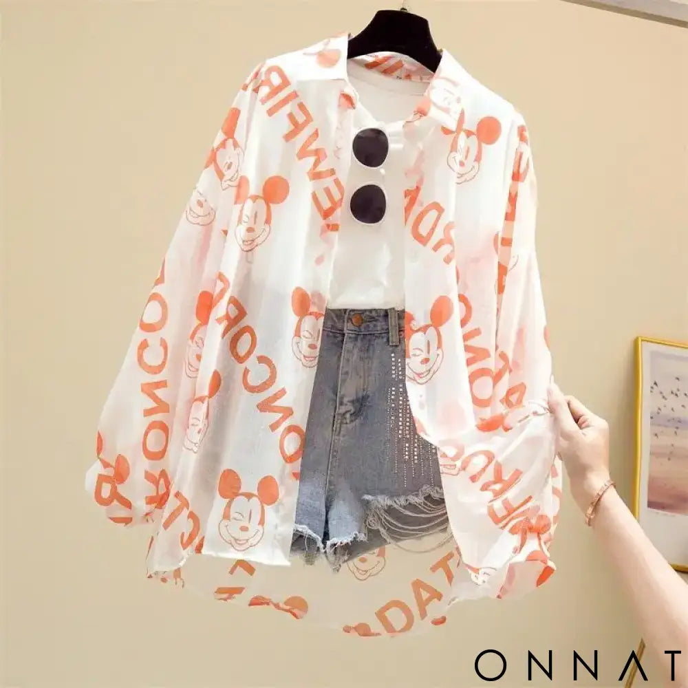 Mickey Mouse Blouse Ladies Long Sleeve Women Shirt Beach Shirts Kawaii Cartoon Summer Disney Clothes Cover-Up Top