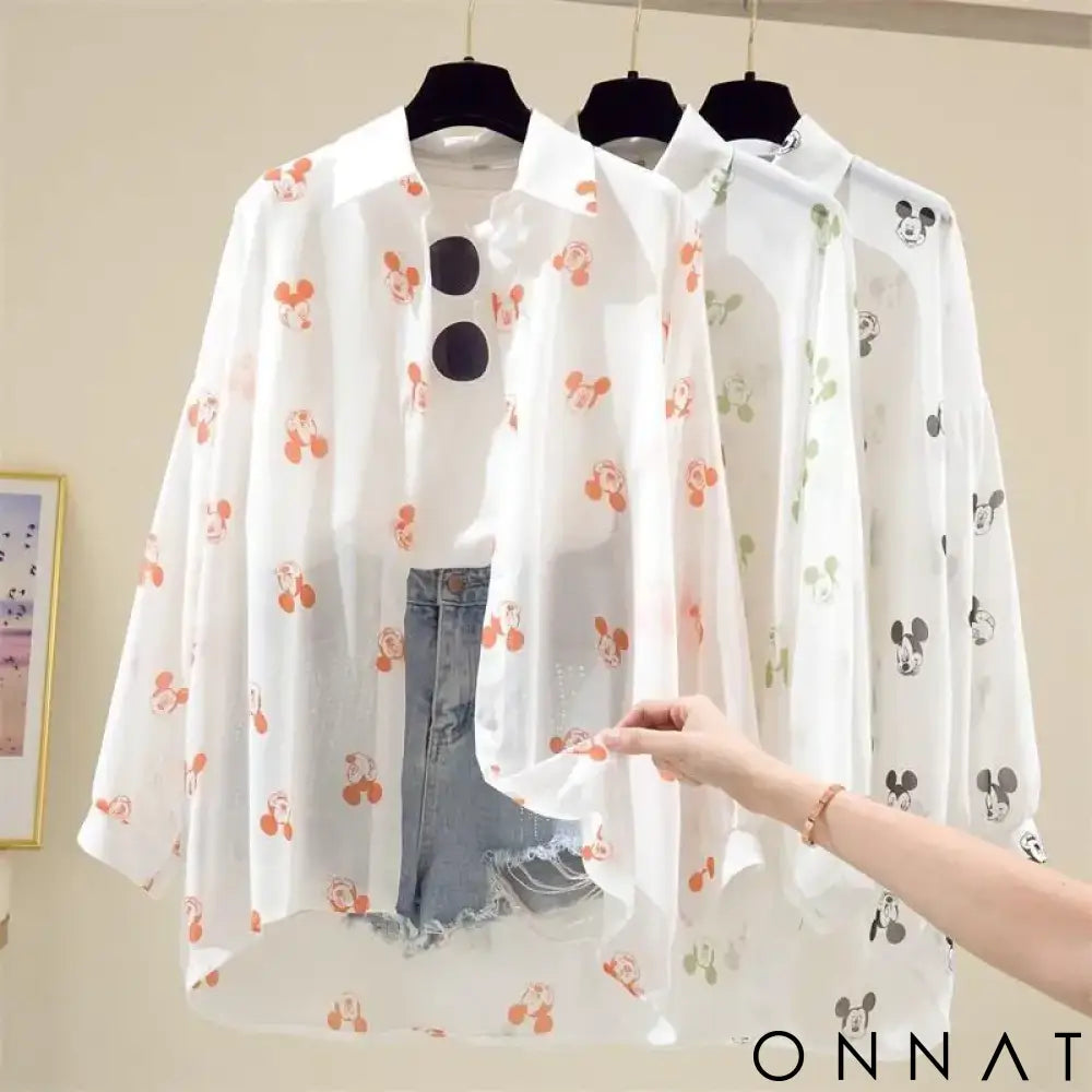 Mickey Mouse Blouse Ladies Long Sleeve Women Shirt Beach Shirts Kawaii Cartoon Summer Disney Clothes Cover-Up Top Casual
