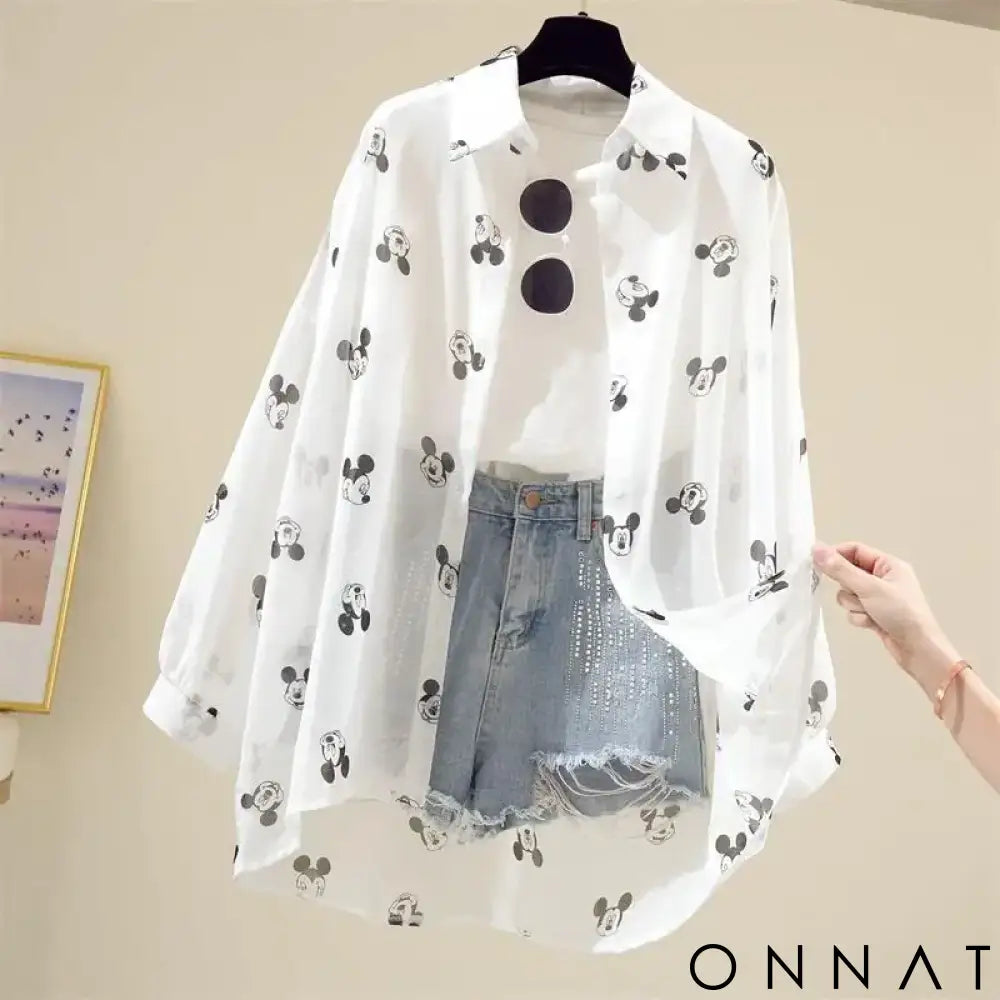 Mickey Mouse Blouse Ladies Long Sleeve Women Shirt Beach Shirts Kawaii Cartoon Summer Disney Clothes Cover-Up Top Casual