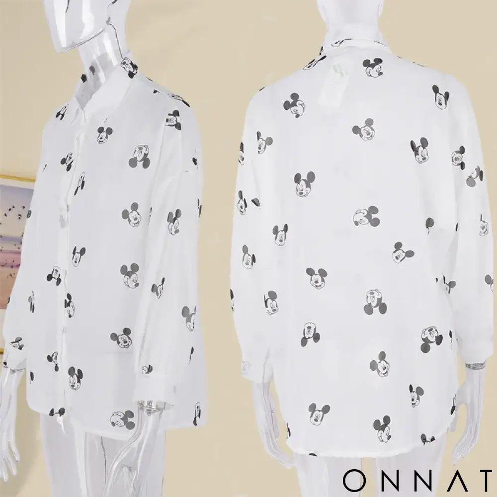 Mickey Mouse Blouse Ladies Long Sleeve Women Shirt Beach Shirts Kawaii Cartoon Summer Disney Clothes Cover-Up Top Casual