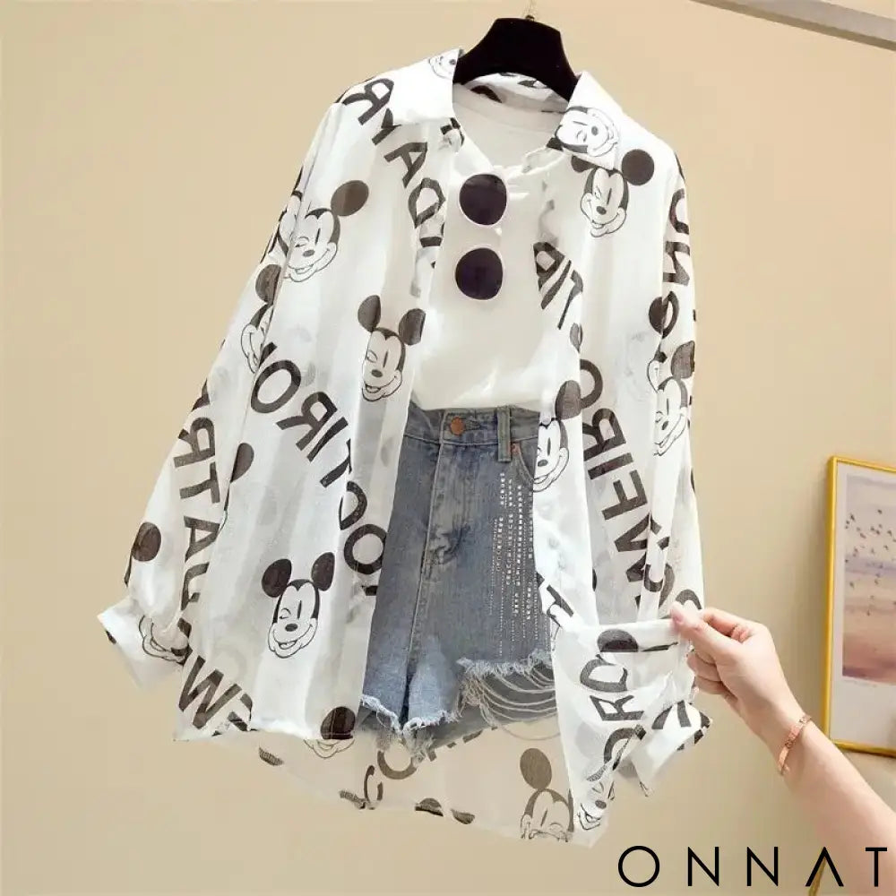 Mickey Mouse Blouse Ladies Long Sleeve Women Shirt Beach Shirts Kawaii Cartoon Summer Disney Clothes Cover-Up Top Casual