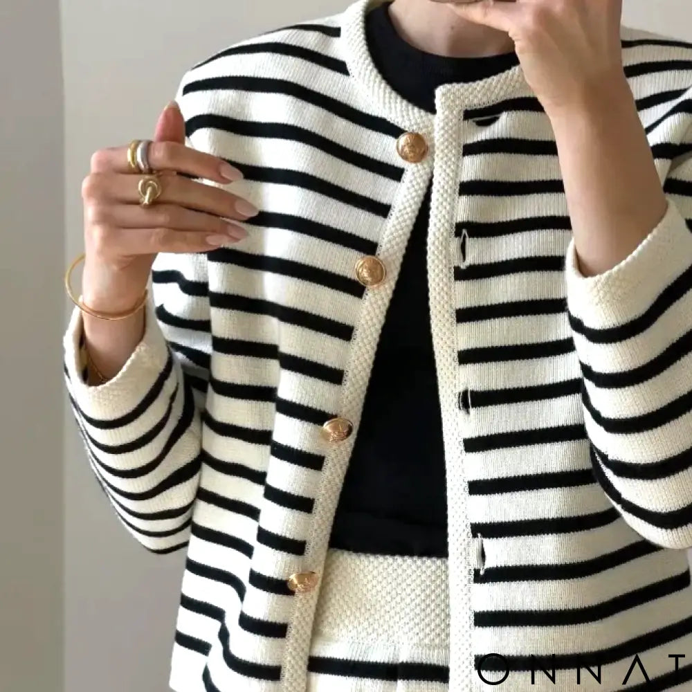 Mykonos Striped Gold Button Cardigan & Shorts Set