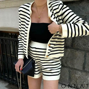 Mykonos Striped Gold Button Cardigan & Shorts Set
