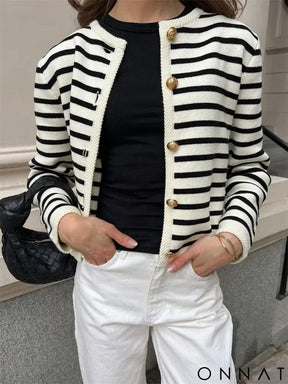 Mykonos Striped Gold Button Cardigan & Shorts Set Cardigan / S