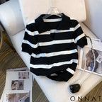 2024 New Striped Pattern Collared Sweater Versatile Short Sleeve Knitted Top For Spring & Summer Women’s Clothing Crop