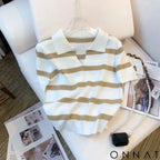 2024 New Striped Pattern Collared Sweater Versatile Short Sleeve Knitted Top For Spring & Summer Women’s Clothing Crop