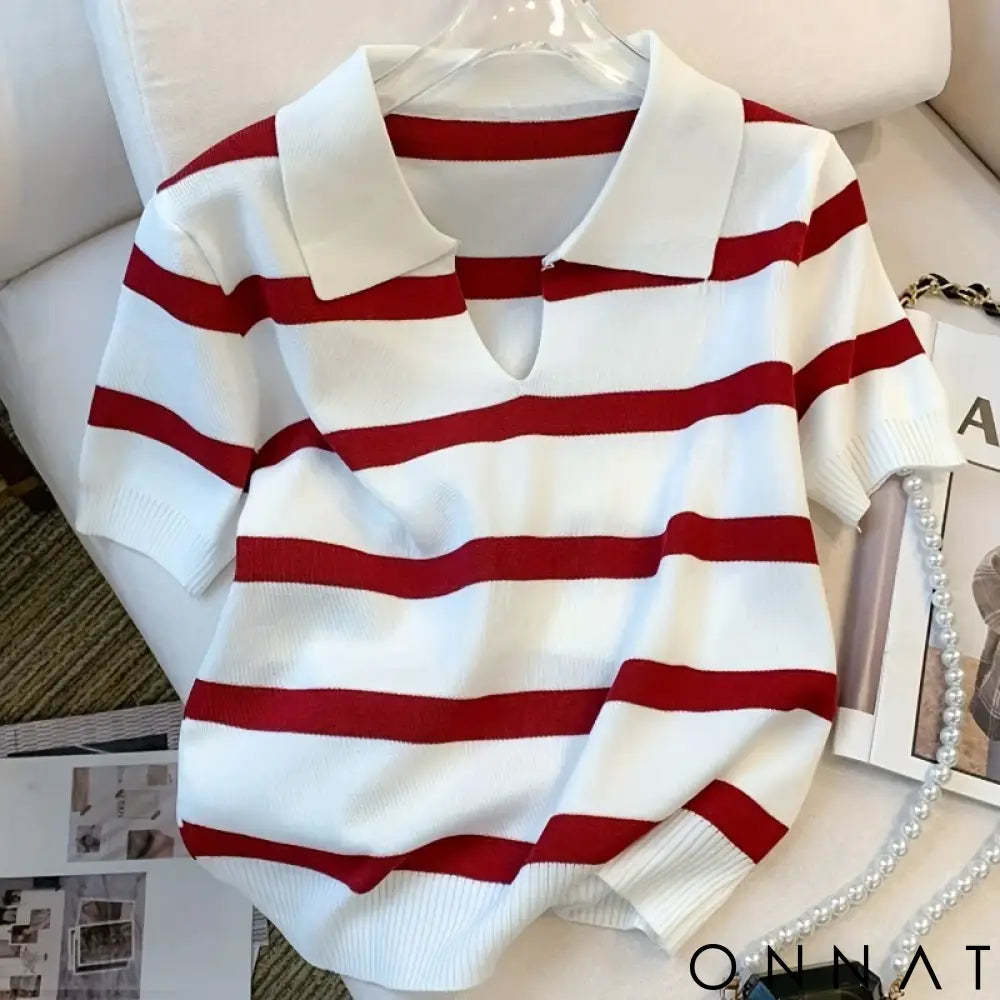 2024 New Striped Pattern Collared Sweater Versatile Short Sleeve Knitted Top For Spring & Summer Women’s Clothing Crop