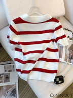 2024 New Striped Pattern Collared Sweater Versatile Short Sleeve Knitted Top For Spring & Summer Women’s Clothing Crop