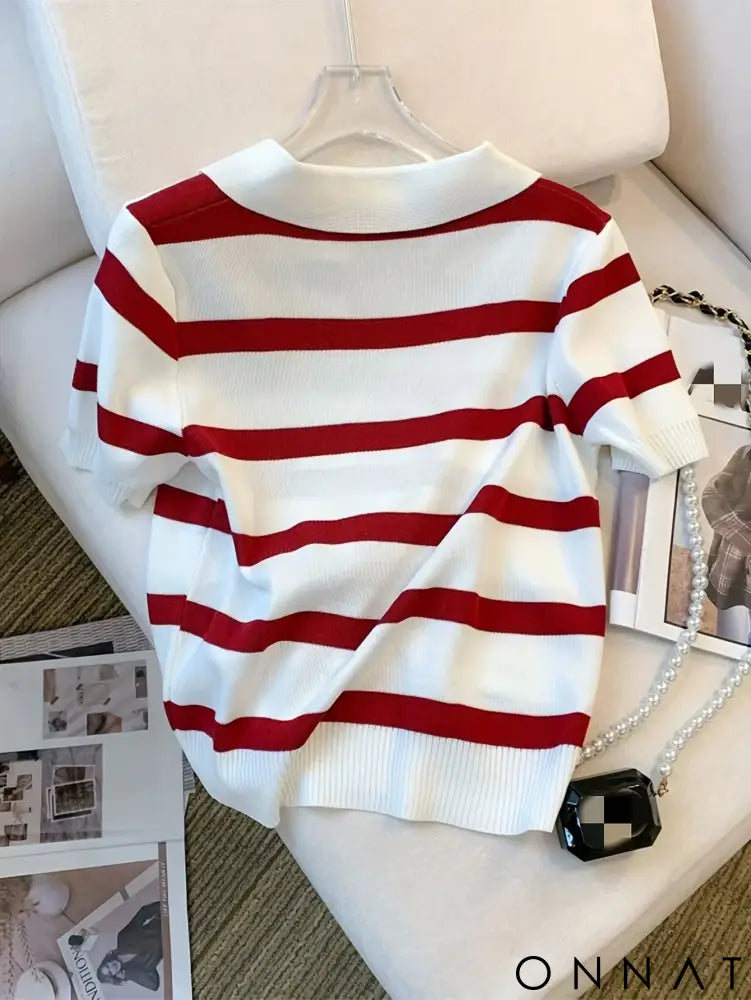2024 New Striped Pattern Collared Sweater Versatile Short Sleeve Knitted Top For Spring & Summer Women’s Clothing Crop